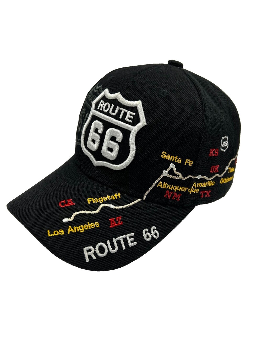 Route 66 Embroidered Road Map Black Baseball Cap Hat Adjustable Top Headwear 176